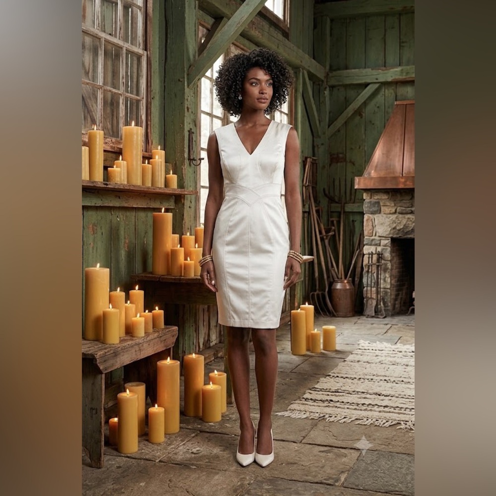 bebe Ivory Satin V-Neck Midi Dress